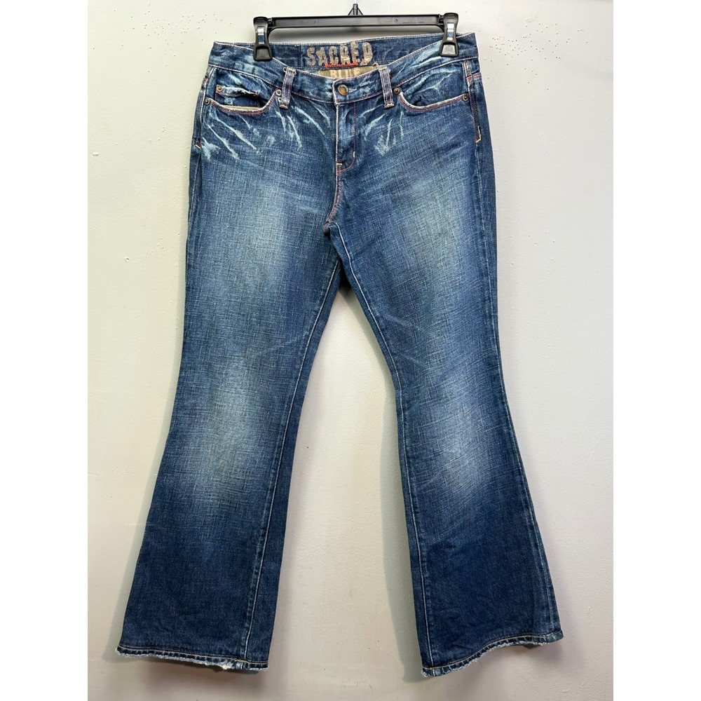 Sacred Blue Jeans Mens 28 Blue Flare Bootcut Distressed Heavy Wash Made in USA